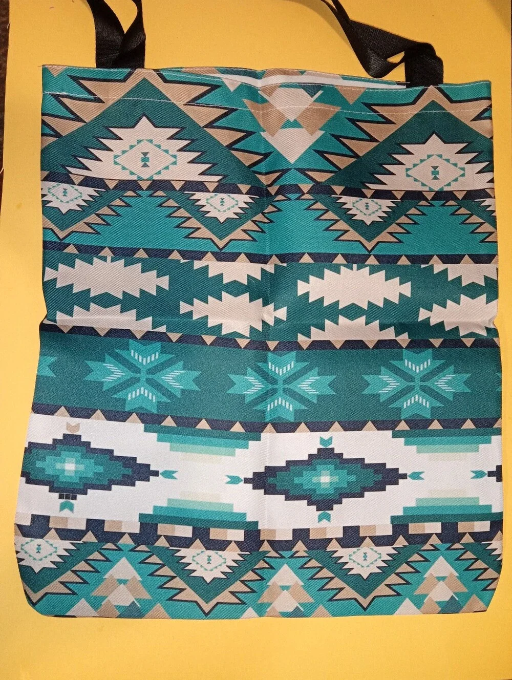 Stylish Aztec Print Tote Bag in Teal and White. Reusable.